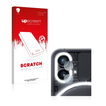 Parte frontal de un envase de producto con el logotipo de la marca upscreen. Al lado se muestra el dispositivo Nothing Phone (