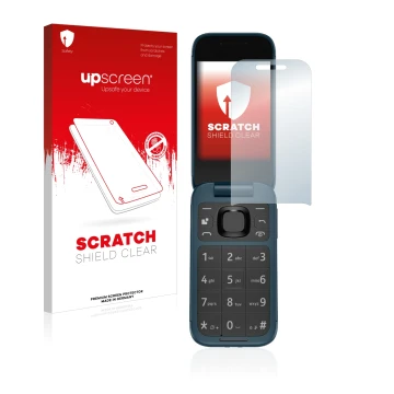 Parte frontal de un envase de producto con el logotipo de la marca upscreen. Al lado se muestra el dispositivo Nokia 2660 Flip