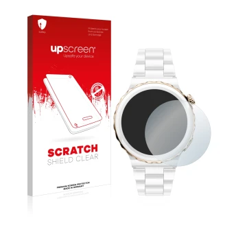 Parte frontal de un envase de producto con el logotipo de la marca upscreen. Al lado se muestra el dispositivo Huawei Watch GT