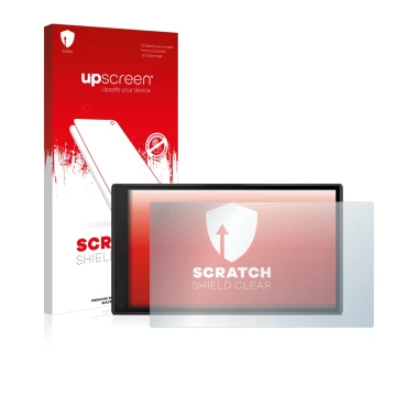 Parte frontal de un envase de producto con el logotipo de la marca upscreen. Al lado se muestra el dispositivo Garmin DriveSma