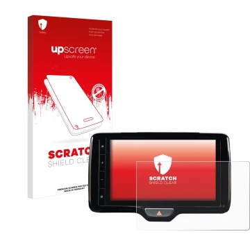 Parte frontal de un envase de producto con el logotipo de la marca upscreen. Al lado se muestra el dispositivo Toyota Yaris Cr