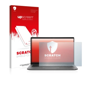 Parte frontal de un envase de producto con el logotipo de la marca upscreen. Al lado se muestra el dispositivo Dell Latitude 1