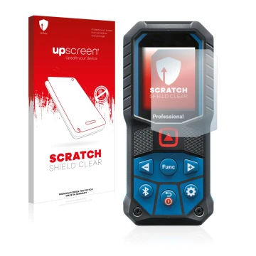 Parte frontal de un envase de producto con el logotipo de la marca upscreen. Al lado se muestra el dispositivo Bosch GLM 50-27