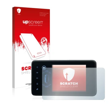 Parte frontal de un envase de producto con el logotipo de la marca upscreen. Al lado se muestra el dispositivo Dacia Jogger 20