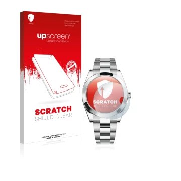 Parte frontal de un envase de producto con el logotipo de la marca upscreen. Al lado se muestra el dispositivo Rolex Datejust 