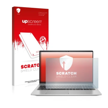 Parte frontal de un envase de producto con el logotipo de la marca upscreen. Al lado se muestra el dispositivo HP ProBook 650 