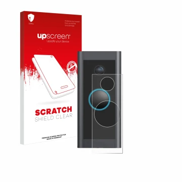 Parte frontal de un envase de producto con el logotipo de la marca upscreen. Al lado se muestra el dispositivo Ring Video Door