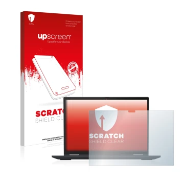 Parte frontal de un envase de producto con el logotipo de la marca upscreen. Al lado se muestra el dispositivo Lenovo ThinkPad