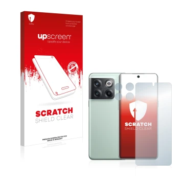 Parte frontal de un envase de producto con el logotipo de la marca upscreen. Al lado se muestra el dispositivo OnePlus 10T 5G 
