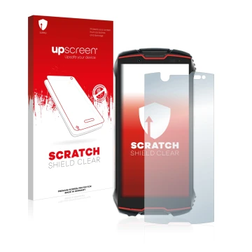 Parte frontal de un envase de producto con el logotipo de la marca upscreen. Al lado se muestra el dispositivo Cubot King Kong