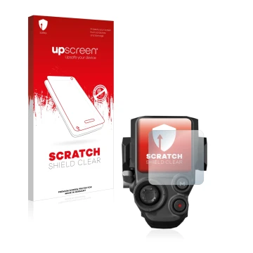 Parte frontal de un envase de producto con el logotipo de la marca upscreen. Al lado se muestra el dispositivo DJI RS 3 con su