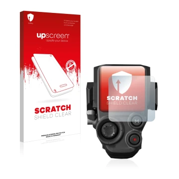 Parte frontal de un envase de producto con el logotipo de la marca upscreen. Al lado se muestra el dispositivo DJI RS 3 Pro co