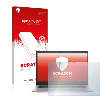 Parte frontal de un envase de producto con el logotipo de la marca upscreen. Al lado se muestra el dispositivo Dell Latitude 5