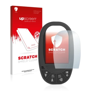 Parte frontal de un envase de producto con el logotipo de la marca upscreen. Al lado se muestra el dispositivo Flymaster GPS L