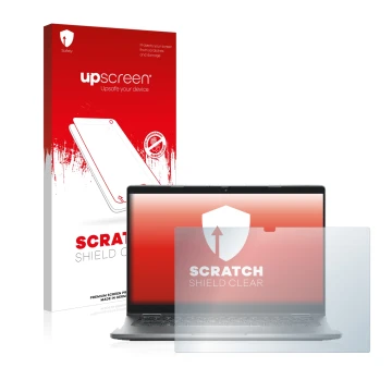Parte frontal de un envase de producto con el logotipo de la marca upscreen. Al lado se muestra el dispositivo Dell Latitude 5