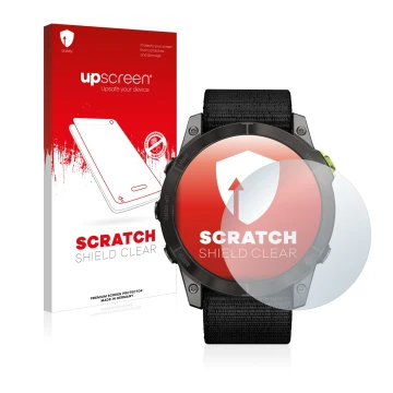 Parte frontal de un envase de producto con el logotipo de la marca upscreen. Al lado se muestra el dispositivo Garmin Enduro 2