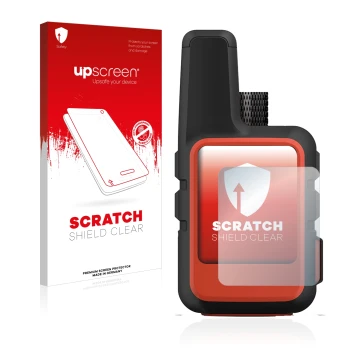 Parte frontal de un envase de producto con el logotipo de la marca upscreen. Al lado se muestra el dispositivo Garmin inReach 