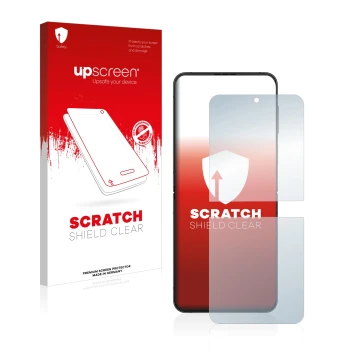 Parte frontal de un envase de producto con el logotipo de la marca upscreen. Al lado se muestra el dispositivo Samsung Galaxy 