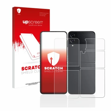 Parte frontal de un envase de producto con el logotipo de la marca upscreen. Al lado se muestra el dispositivo Samsung Galaxy 