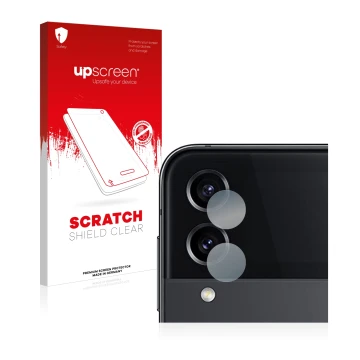 Parte frontal de un envase de producto con el logotipo de la marca upscreen. Al lado se muestra el dispositivo Samsung Galaxy 