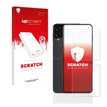 Parte frontal de un envase de producto con el logotipo de la marca upscreen. Al lado se muestra el dispositivo Samsung Galaxy 