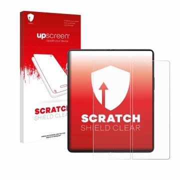 Parte frontal de un envase de producto con el logotipo de la marca upscreen. Al lado se muestra el dispositivo Samsung Galaxy 