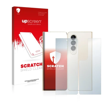 Parte frontal de un envase de producto con el logotipo de la marca upscreen. Al lado se muestra el dispositivo Samsung Galaxy 