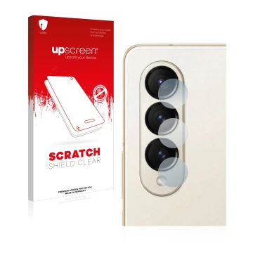 Parte frontal de un envase de producto con el logotipo de la marca upscreen. Al lado se muestra el dispositivo Samsung Galaxy 