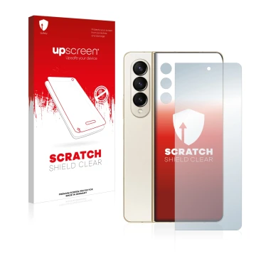 Parte frontal de un envase de producto con el logotipo de la marca upscreen. Al lado se muestra el dispositivo Samsung Galaxy 