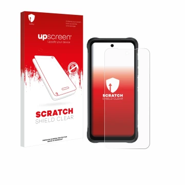 Parte frontal de un envase de producto con el logotipo de la marca upscreen. Al lado se muestra el dispositivo Umidigi Bison 2