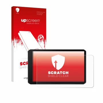 Parte frontal de un envase de producto con el logotipo de la marca upscreen. Al lado se muestra el dispositivo Garmin DriveCam