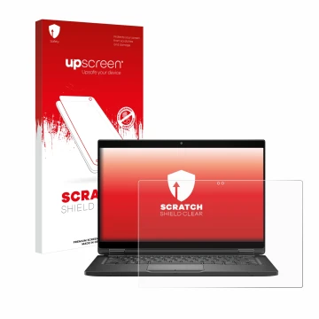 Parte frontal de un envase de producto con el logotipo de la marca upscreen. Al lado se muestra el dispositivo Dell Latitude 7
