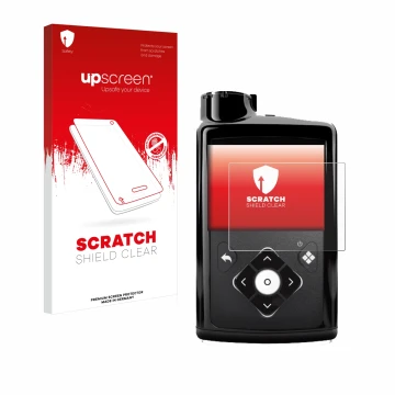 Parte frontal de un envase de producto con el logotipo de la marca upscreen. Al lado se muestra el dispositivo Medtronic Minim