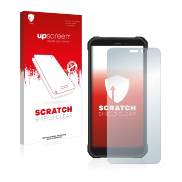 Parte frontal de un envase de producto con el logotipo de la marca upscreen. Al lado se muestra el dispositivo Oukitel WP20 Pr