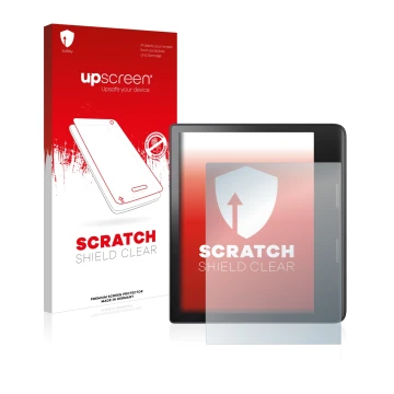 Parte frontal de un envase de producto con el logotipo de la marca upscreen. Al lado se muestra el dispositivo Tolino Epos 3 c