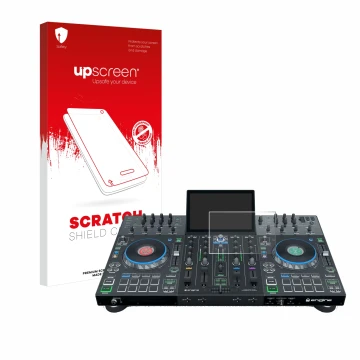 Parte frontal de un envase de producto con el logotipo de la marca upscreen. Al lado se muestra el dispositivo Denon DJ Prime 