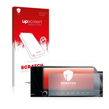 Parte frontal de un envase de producto con el logotipo de la marca upscreen. Al lado se muestra el dispositivo Hyundai i20 202