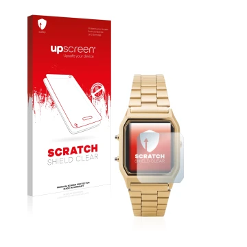 Parte frontal de un envase de producto con el logotipo de la marca upscreen. Al lado se muestra el dispositivo Casio AQ-230GA 