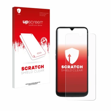Parte frontal de un envase de producto con el logotipo de la marca upscreen. Al lado se muestra el dispositivo Doro 8100 con s