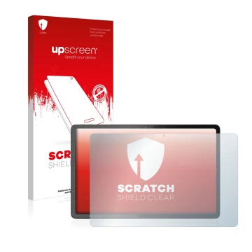 Parte frontal de un envase de producto con el logotipo de la marca upscreen. Al lado se muestra el dispositivo Lenovo Tab P11 