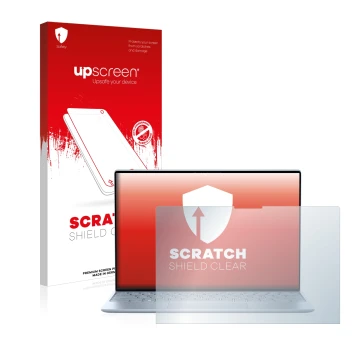 Parte frontal de un envase de producto con el logotipo de la marca upscreen. Al lado se muestra el dispositivo Dell XPS 13 931