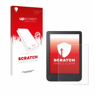 Parte frontal de un envase de producto con el logotipo de la marca upscreen. Al lado se muestra el dispositivo Kobo Clara 2E c