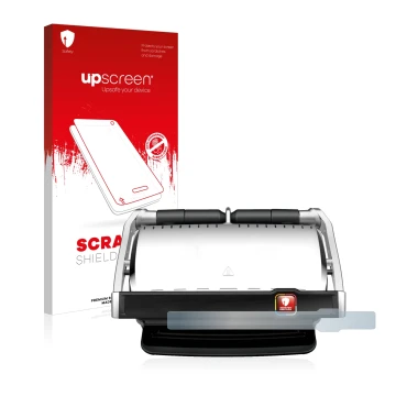 Parte frontal de un envase de producto con el logotipo de la marca upscreen. Al lado se muestra el dispositivo Tefal OptiGrill