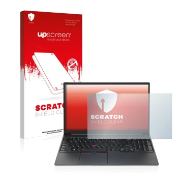 Parte frontal de un envase de producto con el logotipo de la marca upscreen. Al lado se muestra el dispositivo Lenovo ThinkPad