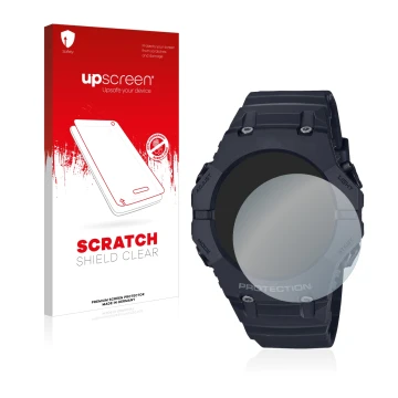 Parte frontal de un envase de producto con el logotipo de la marca upscreen. Al lado se muestra el dispositivo Casio G-Shock G