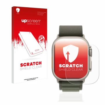 Parte frontal de un envase de producto con el logotipo de la marca upscreen. Al lado se muestra el dispositivo Apple Watch Ult