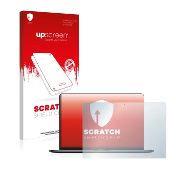 Parte frontal de un envase de producto con el logotipo de la marca upscreen. Al lado se muestra el dispositivo Apple MacBook P