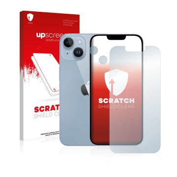 Parte frontal de un envase de producto con el logotipo de la marca upscreen. Al lado se muestra el dispositivo Apple iPhone 14