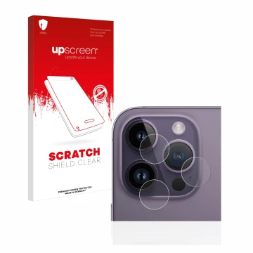 Parte frontal de un envase de producto con el logotipo de la marca upscreen. Al lado se muestra el dispositivo Apple iPhone 14