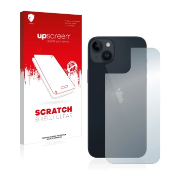 Parte frontal de un envase de producto con el logotipo de la marca upscreen. Al lado se muestra el dispositivo Apple iPhone 14